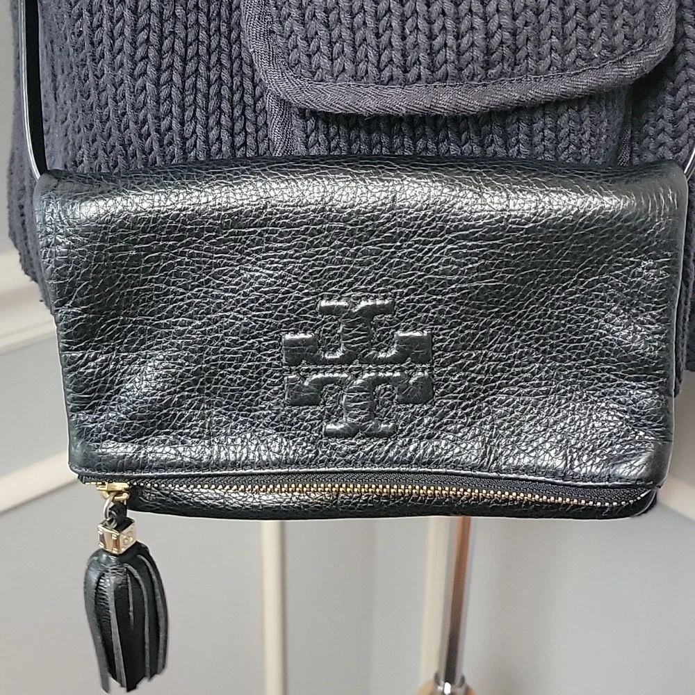 TORY BURCH‎ Thea Black Pebble Grain Fold Over Mini Date Designer Crossbody Bag